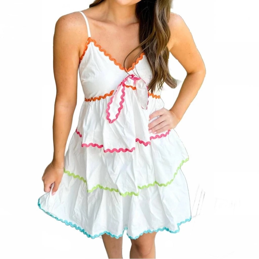 Colorful Trim White Mini Dress